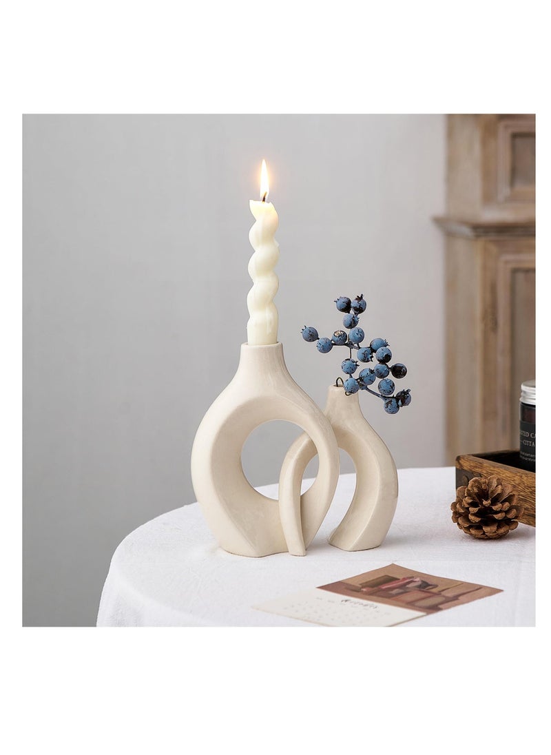 White Ceramic Candle Holder, Taper Candle Holder, Modern Candle Holder, Decorative Candle Stick, Candle Holder Decor for Table, Minimalist Candle Holders for Living Room, Lvory