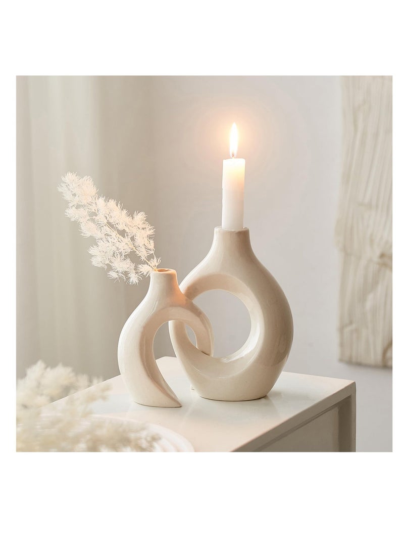 White Ceramic Candle Holder, Taper Candle Holder, Modern Candle Holder, Decorative Candle Stick, Candle Holder Decor for Table, Minimalist Candle Holders for Living Room, Lvory
