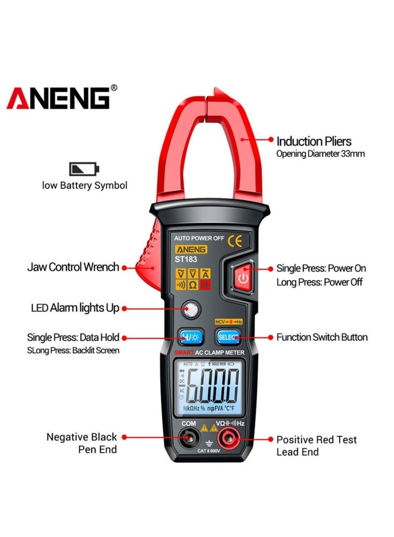 ST183 Digital Clamp Meter AC Current 6000 Counts True RMS Multimeter DC/AC Voltage Tester Hz Capacitance NCV Ohm Tests