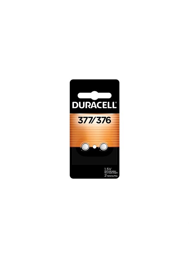 Duracell 376/377 Silver Oxide Button Battery, 2 Count Pack, 376/377 1.5 Volt Battery, Long-Lasting for Watches, Medical Devices, Calculators, and More