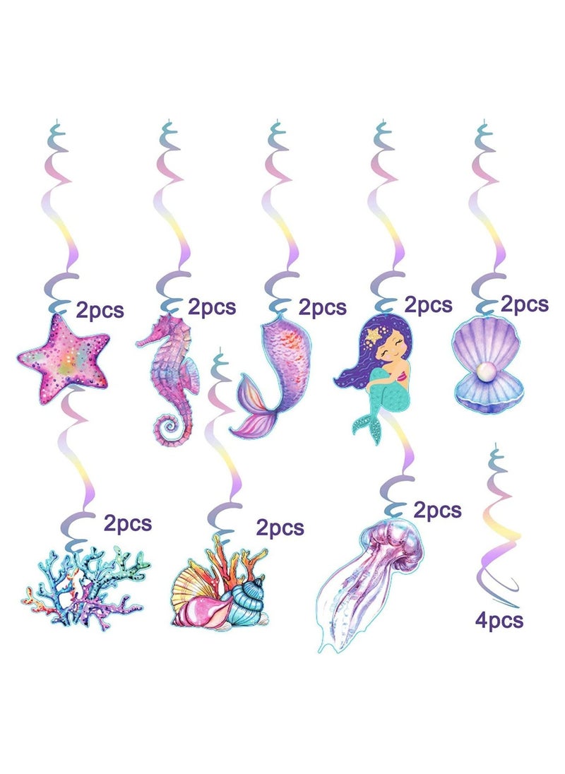 Mermaid Hanging Swirl Decorations, 20 PCS Double Sided Print Mermaid Themed Foil Swirls Dangling Ceiling Streamers Wall Decals for Kids Girls Birthday Baby Shower Under the Sea Party Supplies