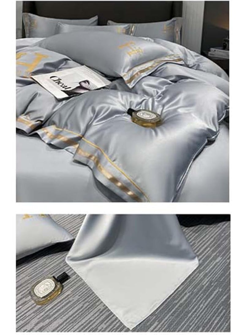 Satin Bed Sheets Soft 4PCS Sheet Set Cooling Silk Bedding Set with Deep Pocket Fitted Sheet Quilt Cover and Pillowcase (Grey)