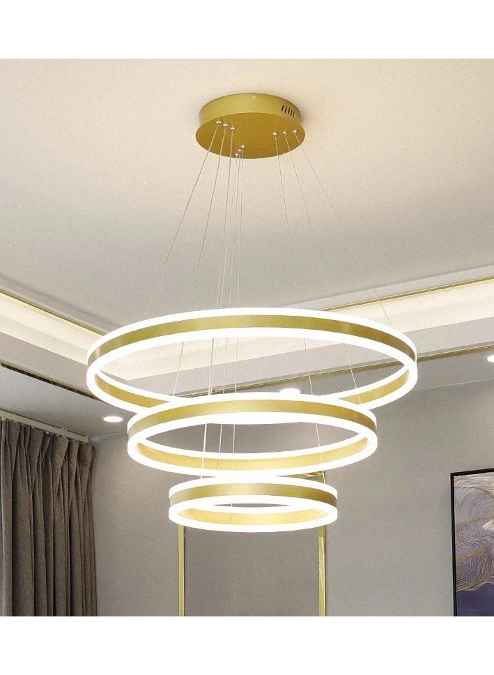 Modern 3 Rings LED Circle Pendant Chandeliers Dimmable with Remote Control 3 Color Hanging light Adjustable for Living room Bedroom Kitchen Dining Office (Golden, 60cm 40cm 20cm)