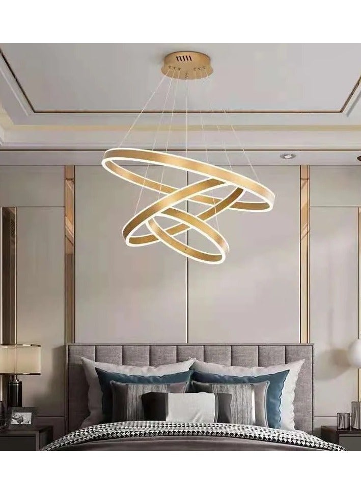 Modern 3 Rings LED Circle Pendant Chandeliers Dimmable with Remote Control 3 Color Hanging light Adjustable for Living room Bedroom Kitchen Dining Office (Golden, 60cm 40cm 20cm)