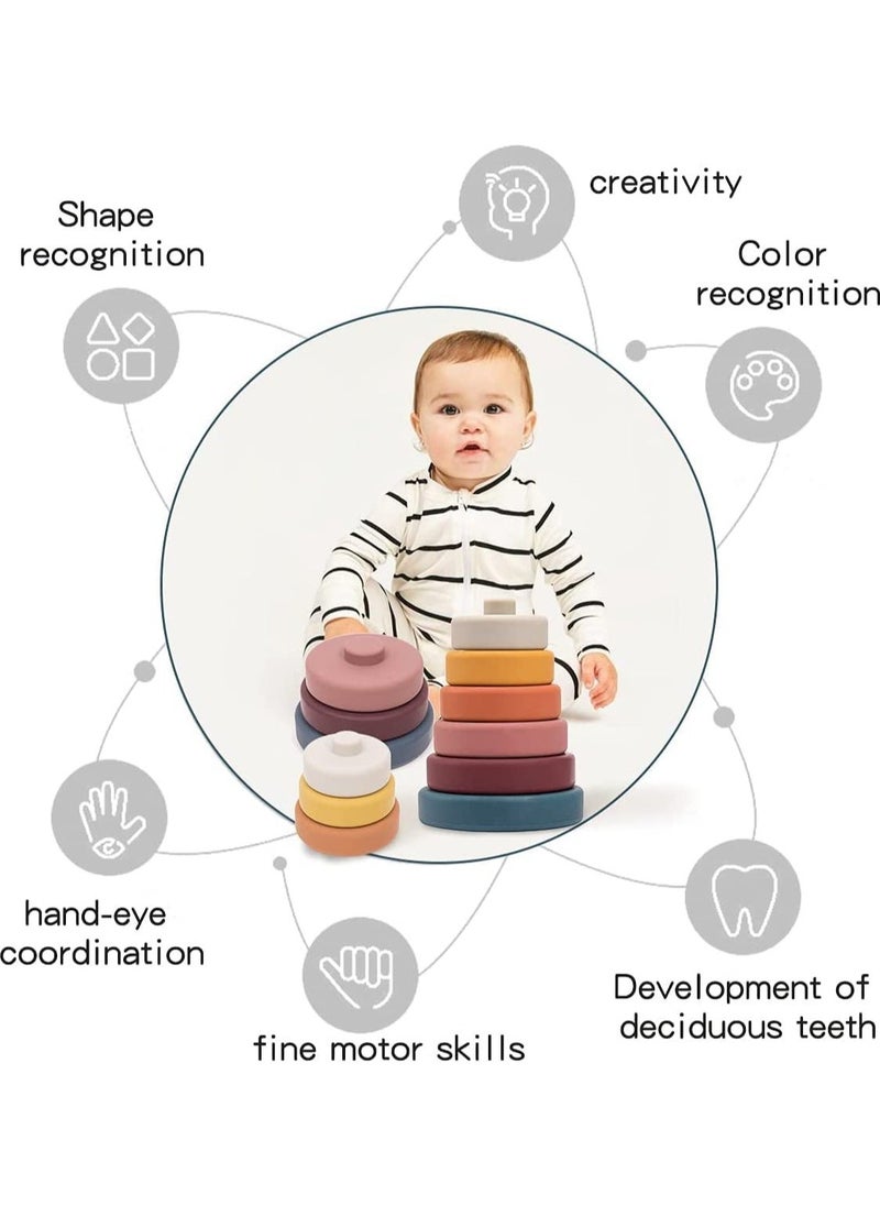 Stacking Nesting Circle Toy 6Pcs Soft Squeeze Building Blocks Sensory Toys Early Learning Color Pattern Montessori Toys Early Learning Natural Brain Development Educational Blocks Toy (Morandi)