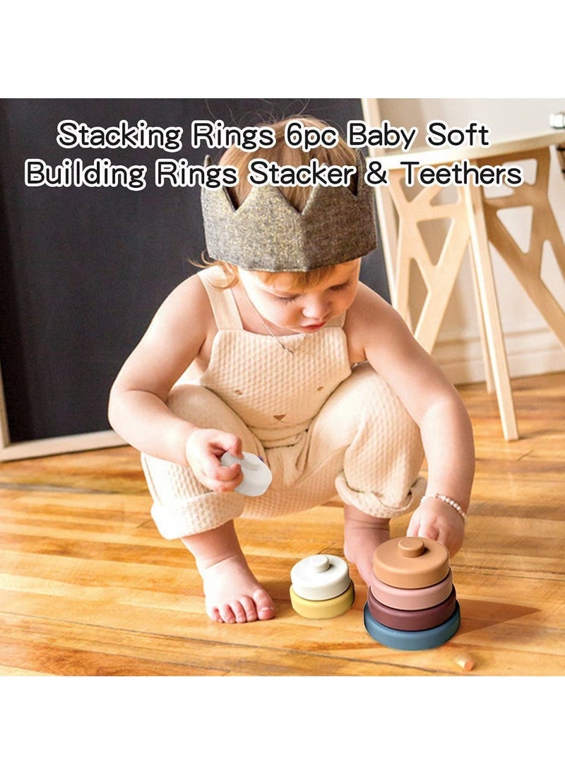 Stacking Nesting Circle Toy 6Pcs Soft Squeeze Building Blocks Sensory Toys Early Learning Color Pattern Montessori Toys Early Learning Natural Brain Development Educational Blocks Toy (Morandi)