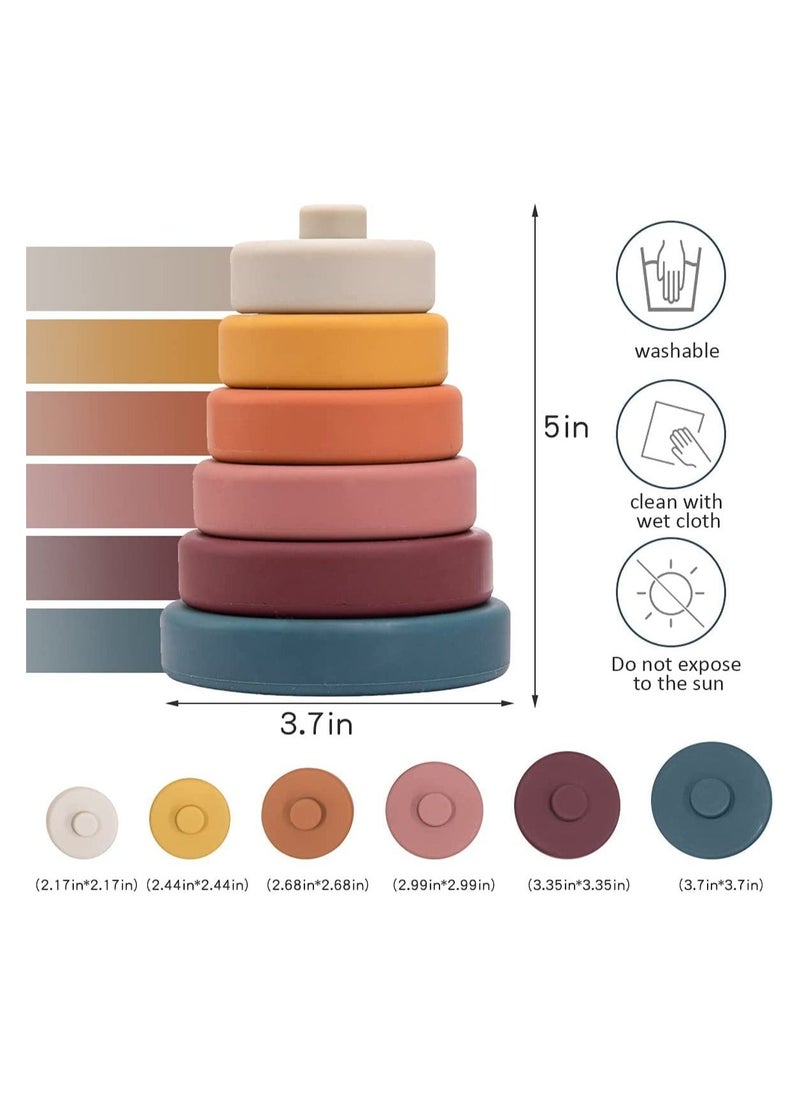 Stacking Nesting Circle Toy 6Pcs Soft Squeeze Building Blocks Sensory Toys Early Learning Color Pattern Montessori Toys Early Learning Natural Brain Development Educational Blocks Toy (Morandi)