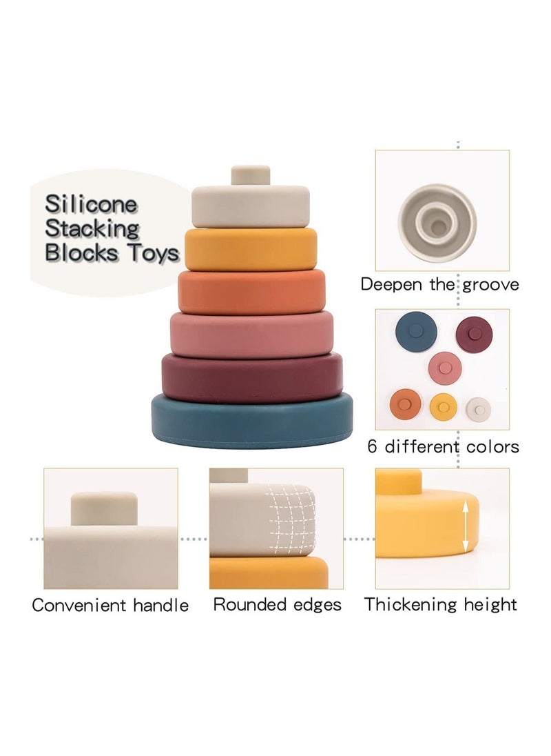 Stacking Nesting Circle Toy 6Pcs Soft Squeeze Building Blocks Sensory Toys Early Learning Color Pattern Montessori Toys Early Learning Natural Brain Development Educational Blocks Toy (Morandi)