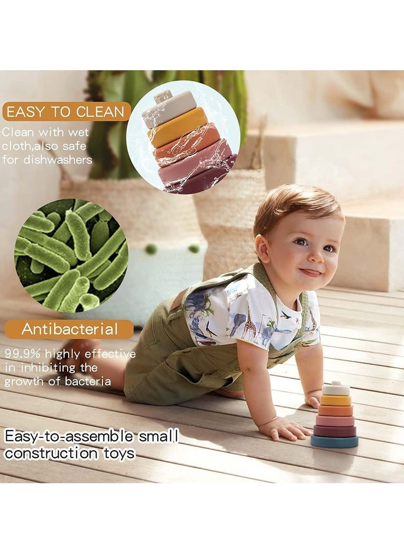 Stacking Nesting Circle Toy 6Pcs Soft Squeeze Building Blocks Sensory Toys Early Learning Color Pattern Montessori Toys Early Learning Natural Brain Development Educational Blocks Toy (Morandi)