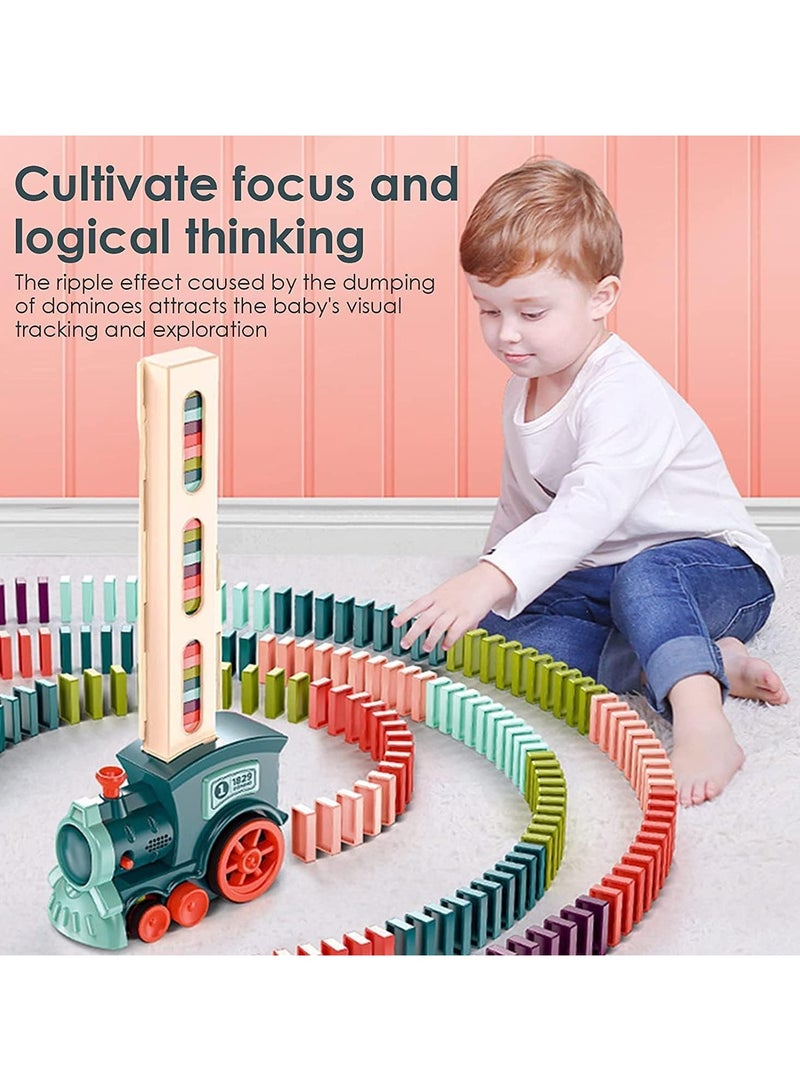 Train Toy with 160 Colorful Blocks – Features Simulated Train Sounds, Adjustable Direction, and Automatic Domino Laying for Fun Puzzle Building Games for Kids.