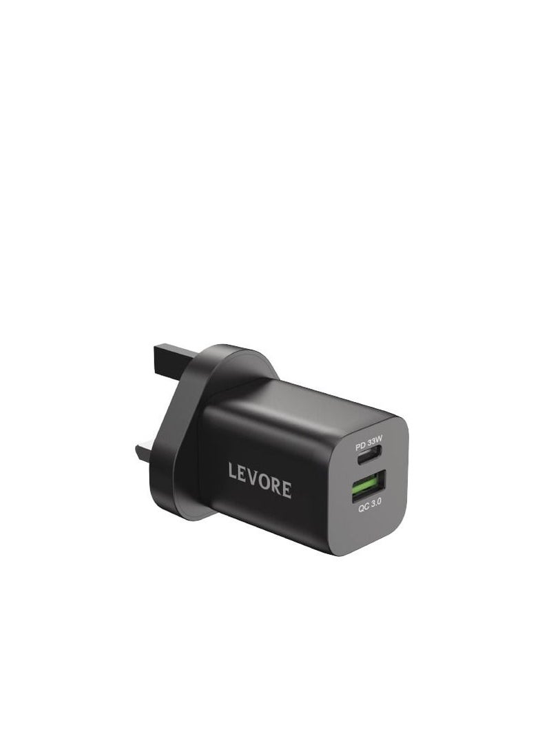 Levore Wall Charger 33W 1XUSB-C PD and 1XUSB-A QC3 Port - Black