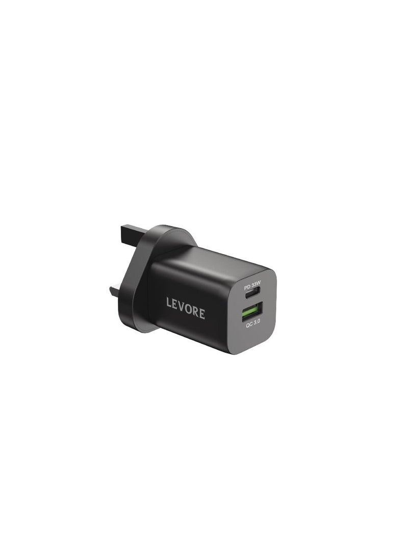 Levore Wall Charger 33W 1XUSB-C PD and 1XUSB-A QC3 Port - Black