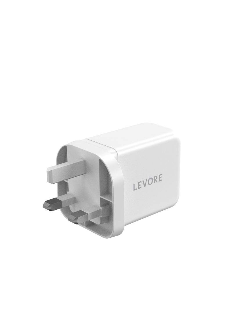 Levore Wall charger with Dual 65W 2XUSB-C Ports and 30W 1XUSB-A Port - White