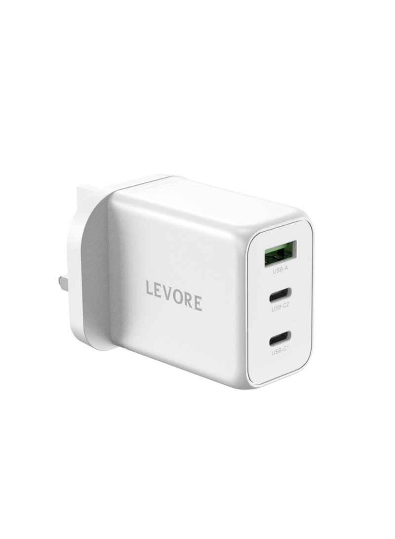 Levore Wall charger with Dual 65W 2XUSB-C Ports and 30W 1XUSB-A Port - White