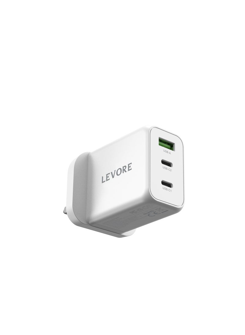 Levore Wall charger with Dual 65W 2XUSB-C Ports and 30W 1XUSB-A Port - White