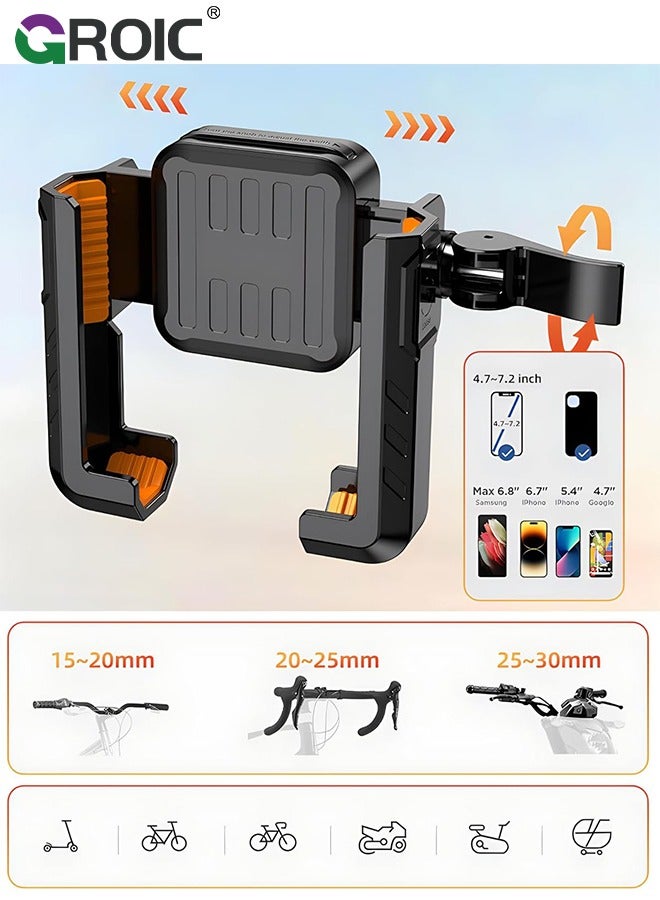 Motorcycle Phone Holder, Bicycle Phone Mount 360°Rotate, Bike Phone Holder Handlebar Suitable for iPhone & Android Smartphones from 4.5-7.0 Inches