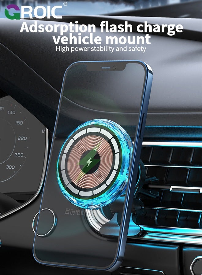 RGB Led Lights Car Phone Holder Phone Stand Charger with Light Cable Multi Color Ambient Light Fast Charge Wireless Strong Magnetic Suction Universal Phone Mount