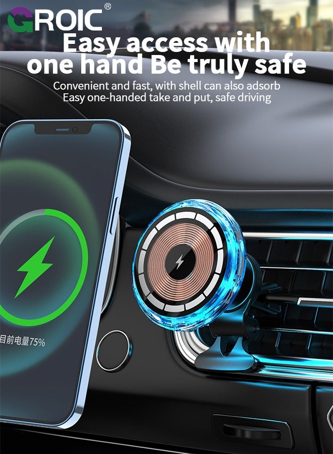 RGB Led Lights Car Phone Holder Phone Stand Charger with Light Cable Multi Color Ambient Light Fast Charge Wireless Strong Magnetic Suction Universal Phone Mount