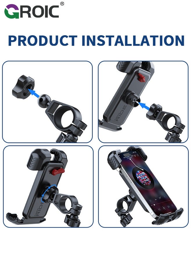 Black Bike Phone Holder, Motorcycle Phone Mount – Bicycle Bike Handlebar Cell Phone Clamp, Scooter Phone Clip for iPhone, Galaxy，and 4.7