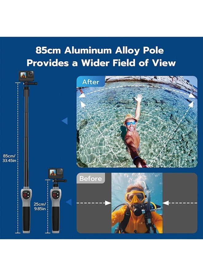 33inch Underwater Selfie Stick, with Bluetooth Remote Control, Waterproof & Extendable, 1 Hour Charging Time, 21 Hours Shooting for Diving Surfing Snorkeling, for Gopro Hero 12 11 10 9 8