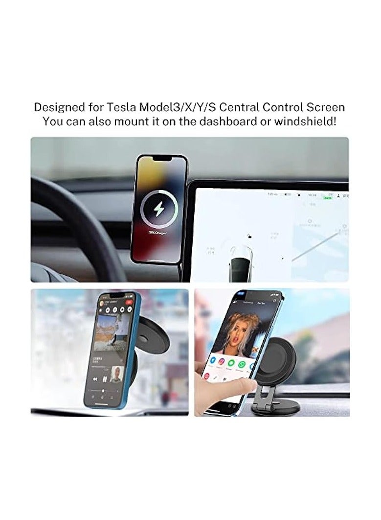 Foldable Magnetic Wireless Car Charger Mount, 15W Fast Charging Magnetic Phone Holder for Tesla Model 3/X/Y/S, Compatible with MagSafe Case and iPhone 12/13/14 Pro Max Mini, 360° Rotation