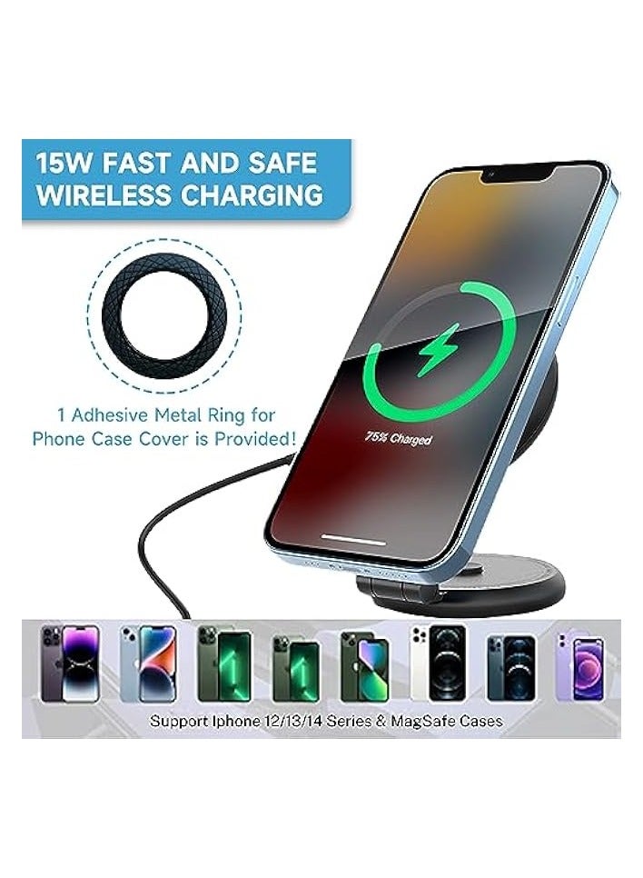 Foldable Magnetic Wireless Car Charger Mount, 15W Fast Charging Magnetic Phone Holder for Tesla Model 3/X/Y/S, Compatible with MagSafe Case and iPhone 12/13/14 Pro Max Mini, 360° Rotation