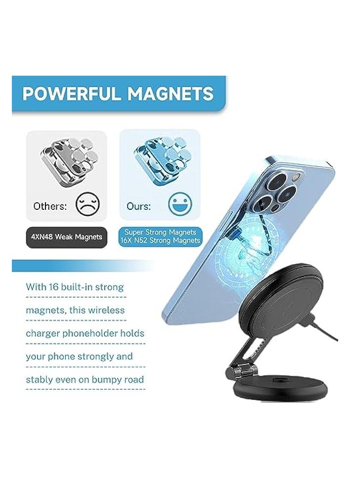 Foldable Magnetic Wireless Car Charger Mount, 15W Fast Charging Magnetic Phone Holder for Tesla Model 3/X/Y/S, Compatible with MagSafe Case and iPhone 12/13/14 Pro Max Mini, 360° Rotation