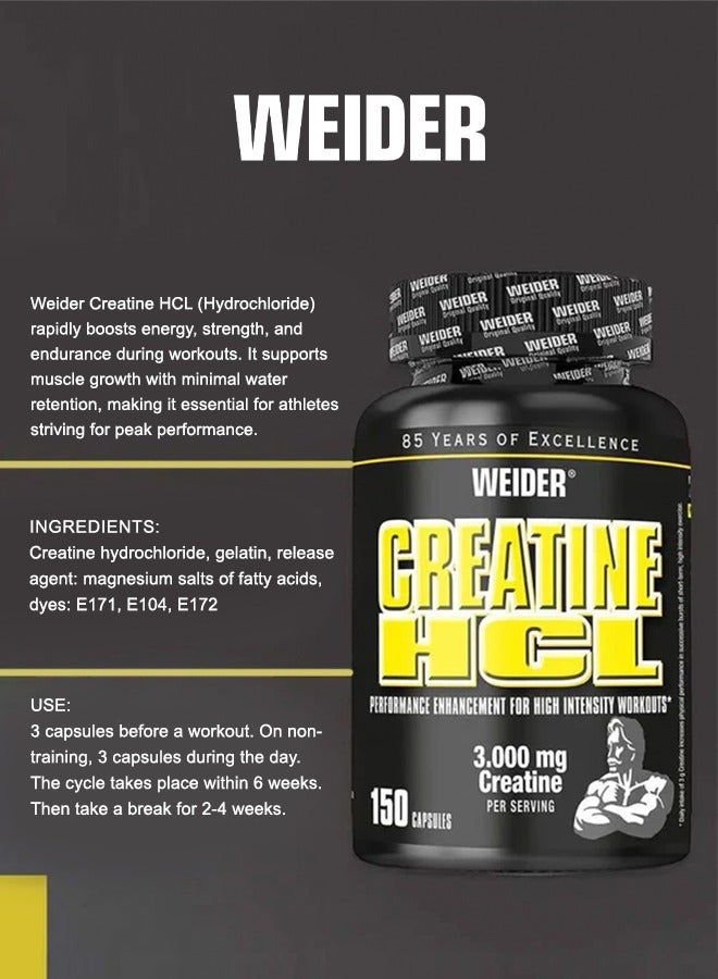 Creatine HCL Performance Enhancement For High Intensity Workout, 3.000mg Creatine Per servings - 150 Capsules