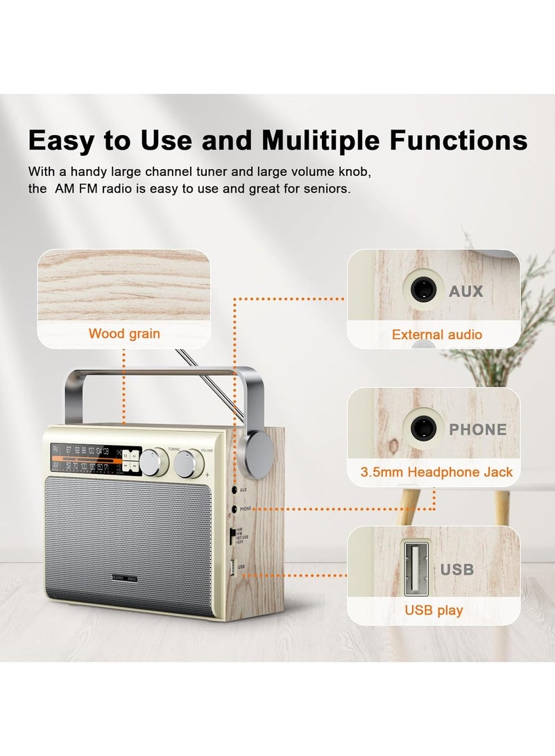 Portable FM AM Radio Bluetooth Radio With Best Reception Transistor Radio Plug In Wall Or Battery Powered Radio With Headphone Jack USB Aux Input Speaker