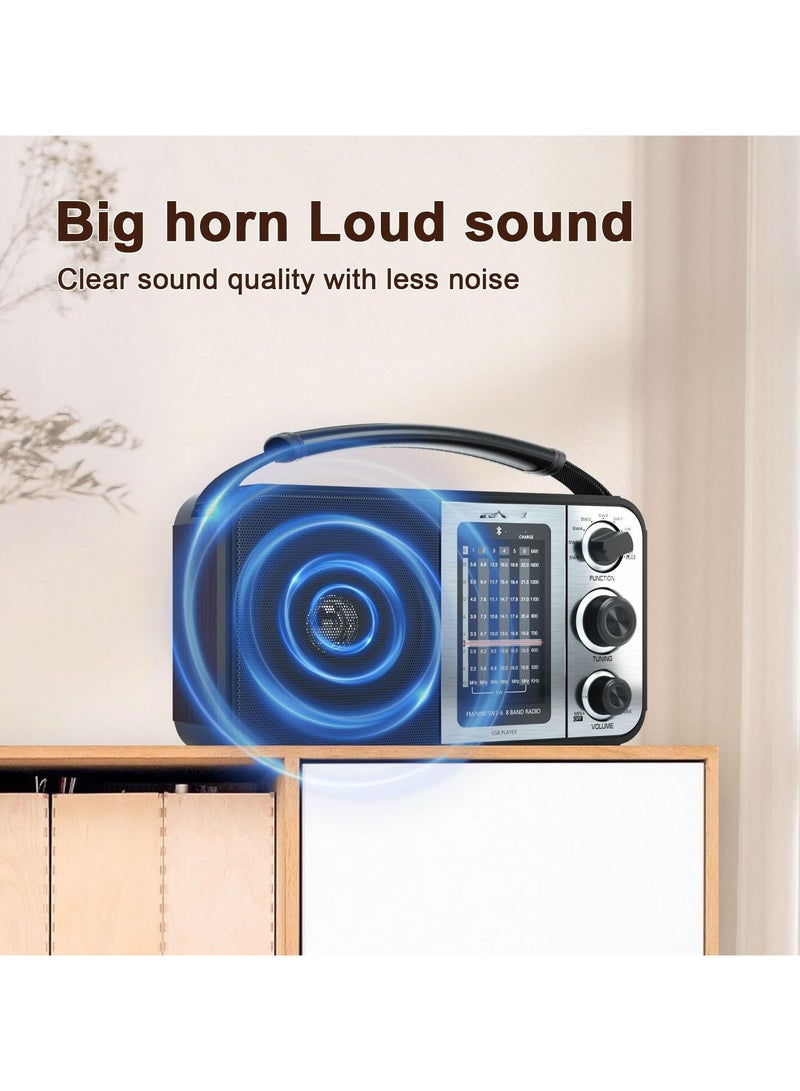 Portable Radio Shortwave Radio With Bluetooth Radio Plug In Wall Or Battery Powered Rechargeable Radio With Strong Recepiton Headphone Jack SD USB Slot Good For Home Seniors Elderly