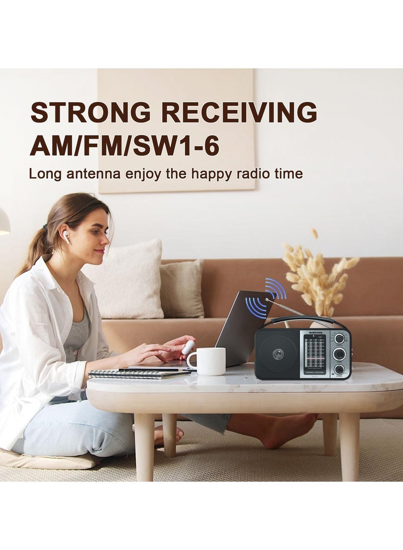 Portable Radio Shortwave Radio With Bluetooth Radio Plug In Wall Or Battery Powered Rechargeable Radio With Strong Recepiton Headphone Jack SD USB Slot Good For Home Seniors Elderly