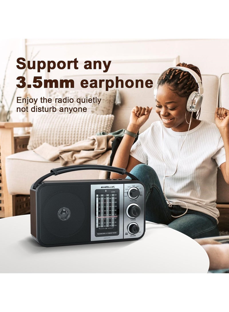 Portable Radio Shortwave Radio With Bluetooth Radio Plug In Wall Or Battery Powered Rechargeable Radio With Strong Recepiton Headphone Jack SD USB Slot Good For Home Seniors Elderly