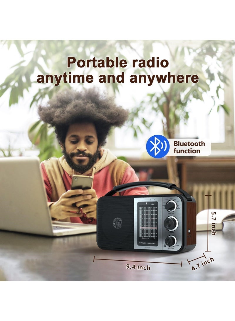 Portable Radio Shortwave Radio With Bluetooth Radio Plug In Wall Or Battery Powered Rechargeable Radio With Strong Recepiton Headphone Jack SD USB Slot Good For Home Seniors Elderly