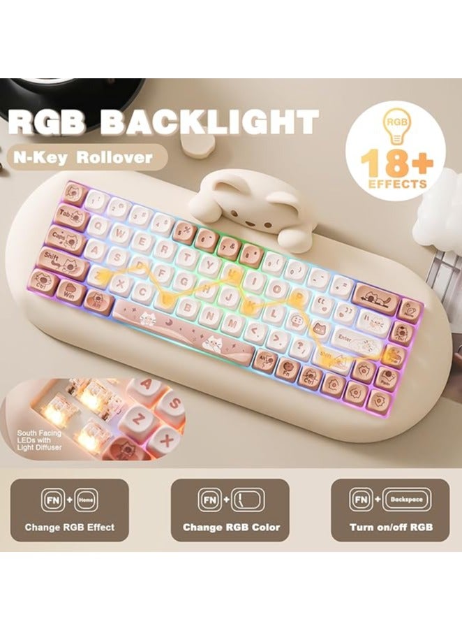 C68 Wireless Mechanical Keyboard, 65% Gaming Keyboard Hot Swap,Triple Mode BT5.0/2.4G/Wired,RGB Backlit NKRO,Cute Cat Silicone Ergonomic Keyboard for Win/Mac（Milk Switch，Brown)