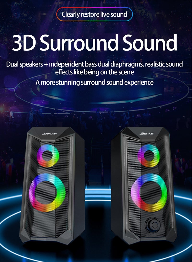 Desktop Speakers, 2.0 Channel PC Computer HiFi Stereo Gaming Speaker with Colorful LED Light Modes, Enhanced Bass and Easy-Access Volume Control, USB Powered with 3.5mm AUX-in