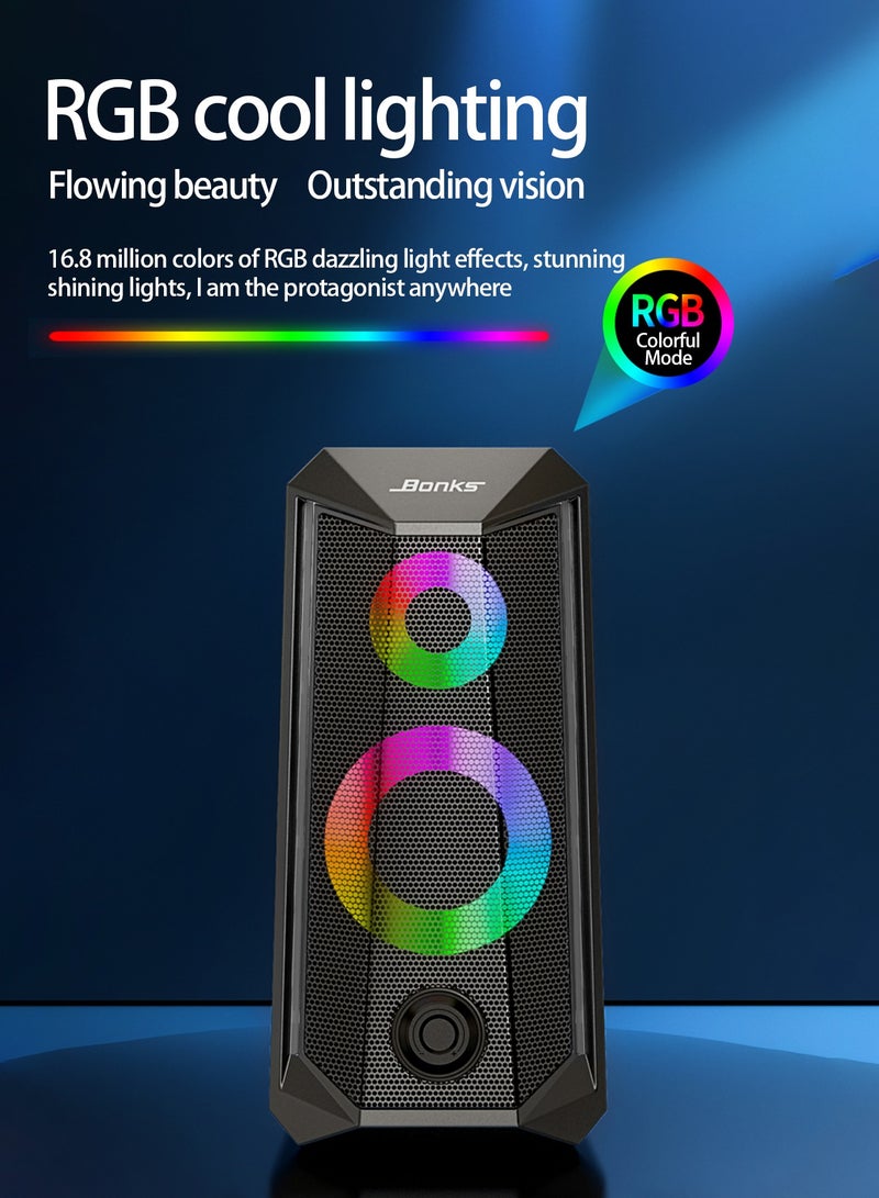 Desktop Speakers, 2.0 Channel PC Computer HiFi Stereo Gaming Speaker with Colorful LED Light Modes, Enhanced Bass and Easy-Access Volume Control, USB Powered with 3.5mm AUX-in