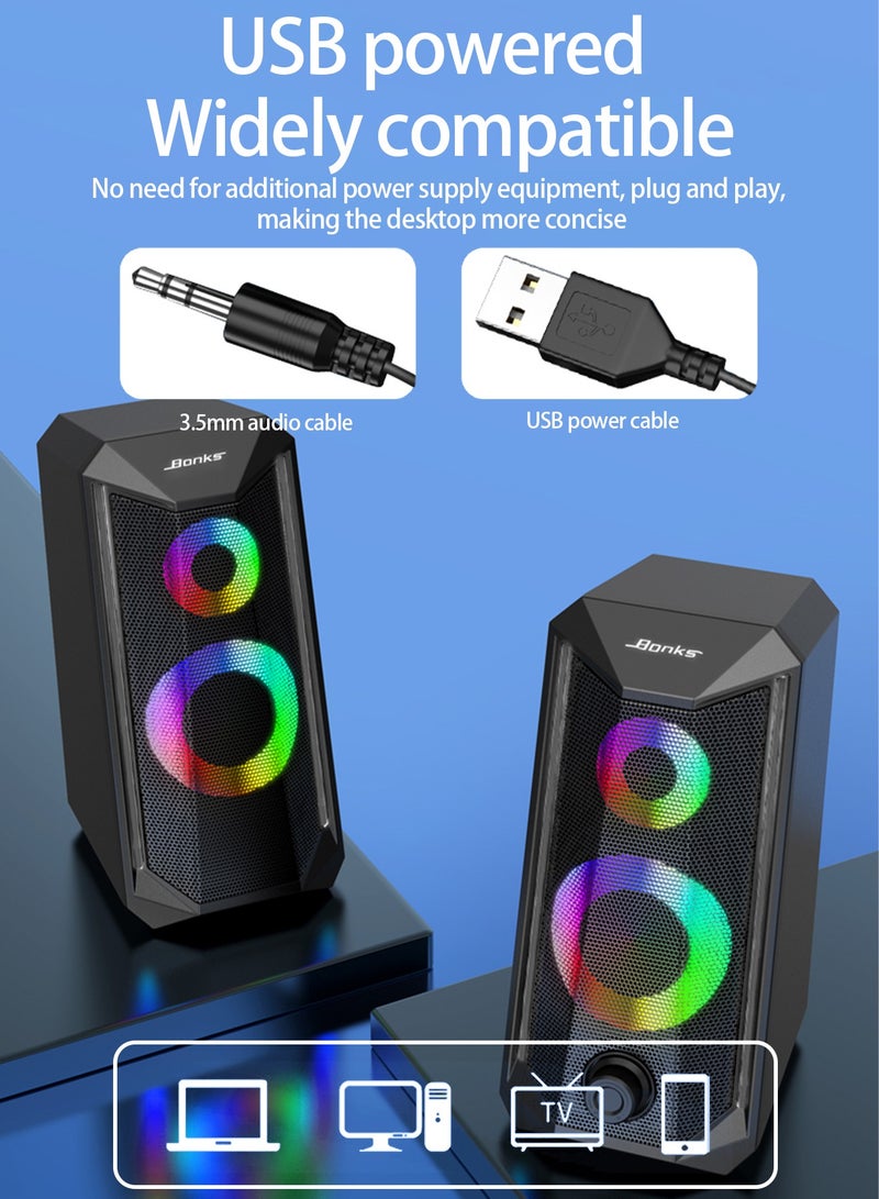 Desktop Speakers, 2.0 Channel PC Computer HiFi Stereo Gaming Speaker with Colorful LED Light Modes, Enhanced Bass and Easy-Access Volume Control, USB Powered with 3.5mm AUX-in