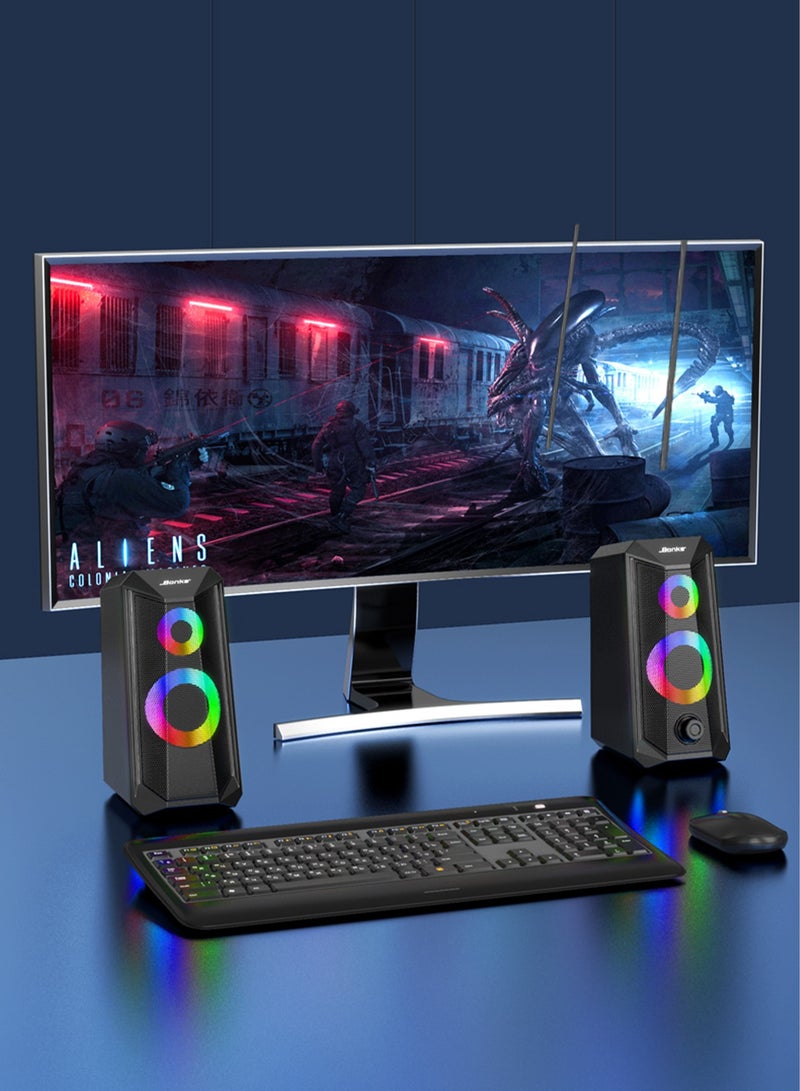 Desktop Speakers, 2.0 Channel PC Computer HiFi Stereo Gaming Speaker with Colorful LED Light Modes, Enhanced Bass and Easy-Access Volume Control, USB Powered with 3.5mm AUX-in