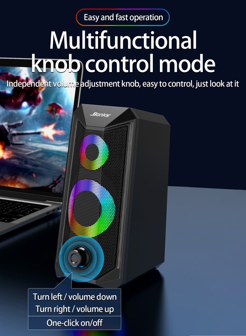 Desktop Speakers, 2.0 Channel PC Computer HiFi Stereo Gaming Speaker with Colorful LED Light Modes, Enhanced Bass and Easy-Access Volume Control, USB Powered with 3.5mm AUX-in