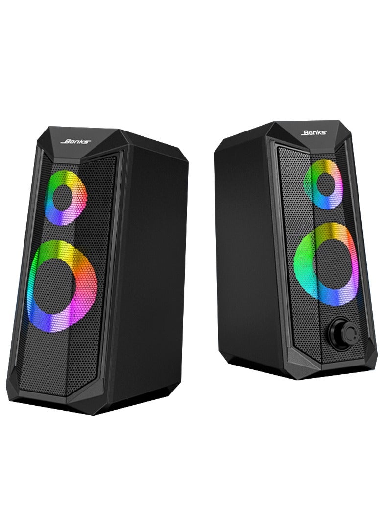 Desktop Speakers, 2.0 Channel PC Computer HiFi Stereo Gaming Speaker with Colorful LED Light Modes, Enhanced Bass and Easy-Access Volume Control, USB Powered with 3.5mm AUX-in