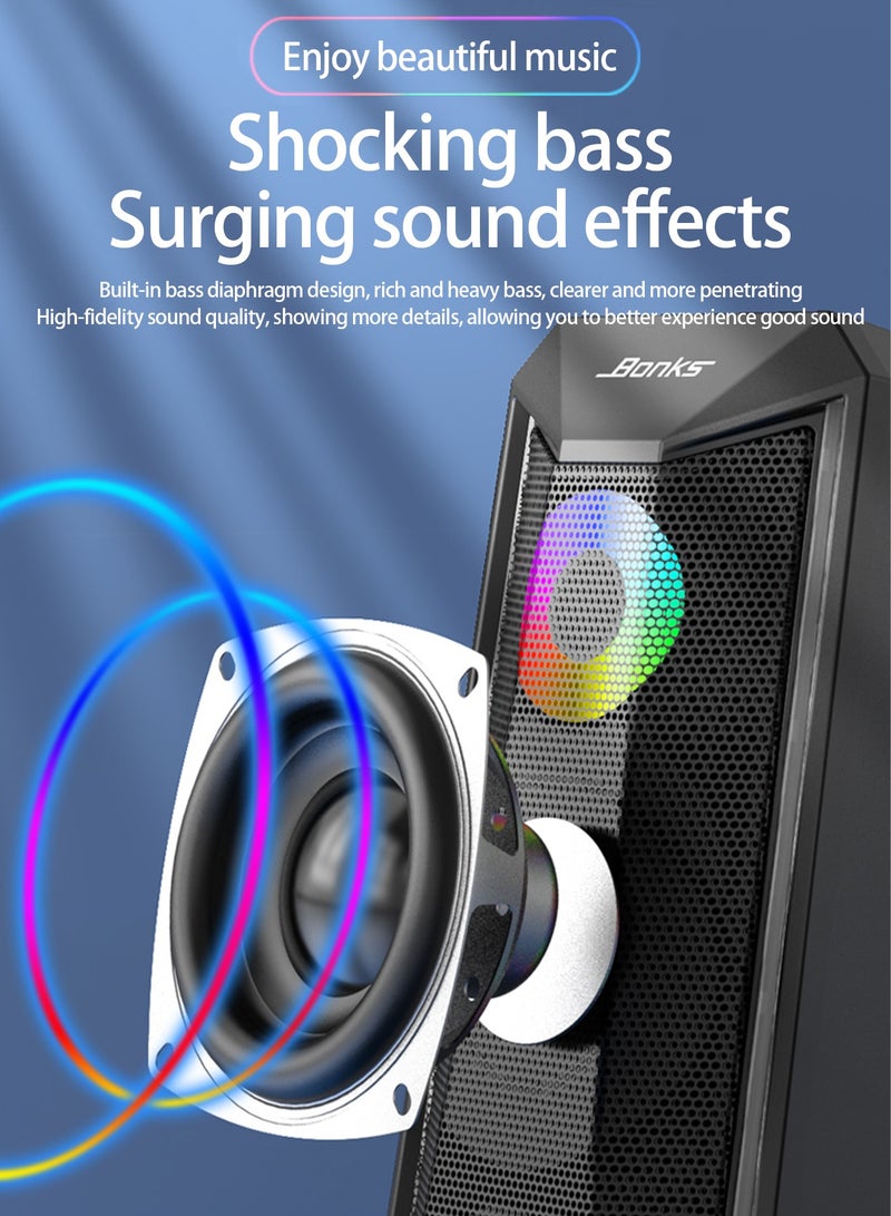 Desktop Speakers, 2.0 Channel PC Computer HiFi Stereo Gaming Speaker with Colorful LED Light Modes, Enhanced Bass and Easy-Access Volume Control, USB Powered with 3.5mm AUX-in