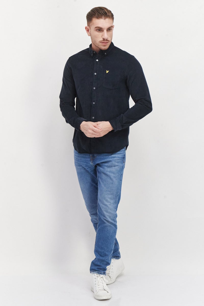 Men Regular Fit Solid Long Sleeve Corduroy Casual Shirt, Navy Blue