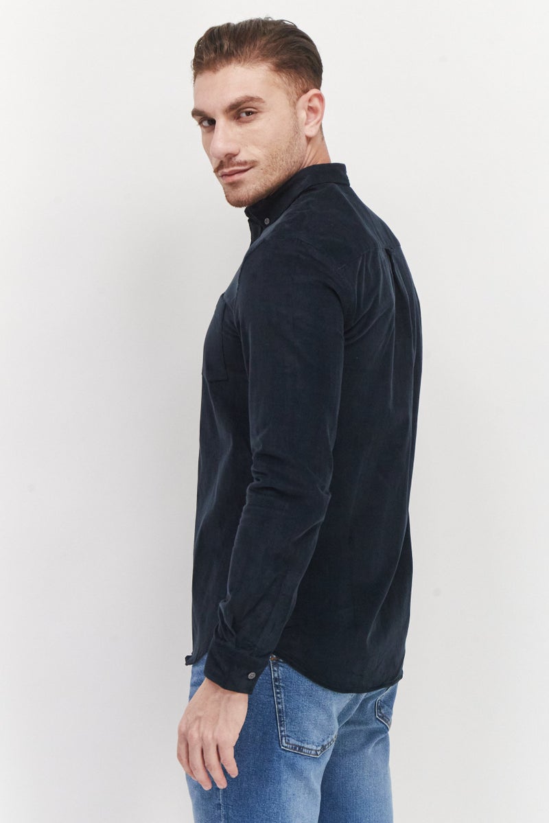 Men Regular Fit Solid Long Sleeve Corduroy Casual Shirt, Navy Blue