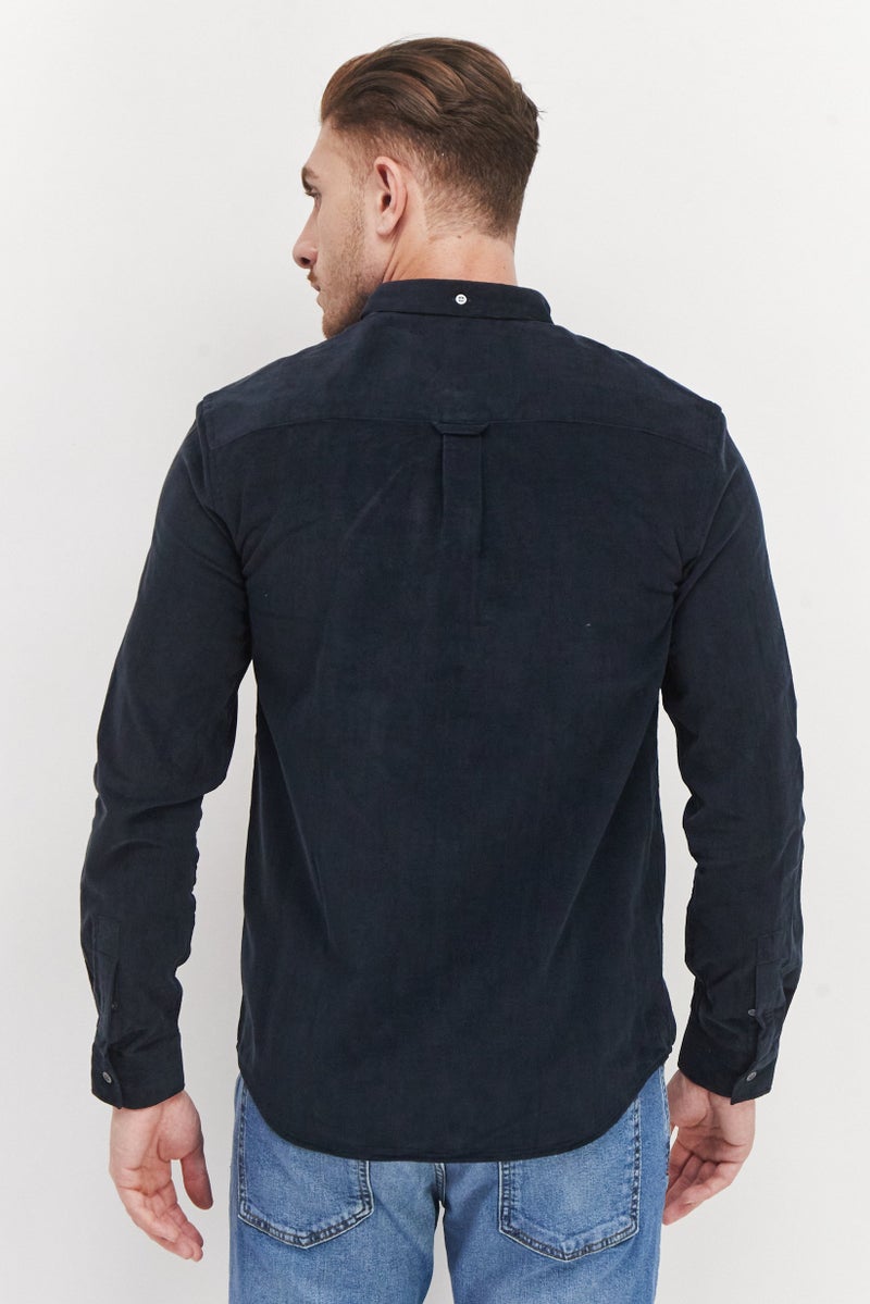 Men Regular Fit Solid Long Sleeve Corduroy Casual Shirt, Navy Blue