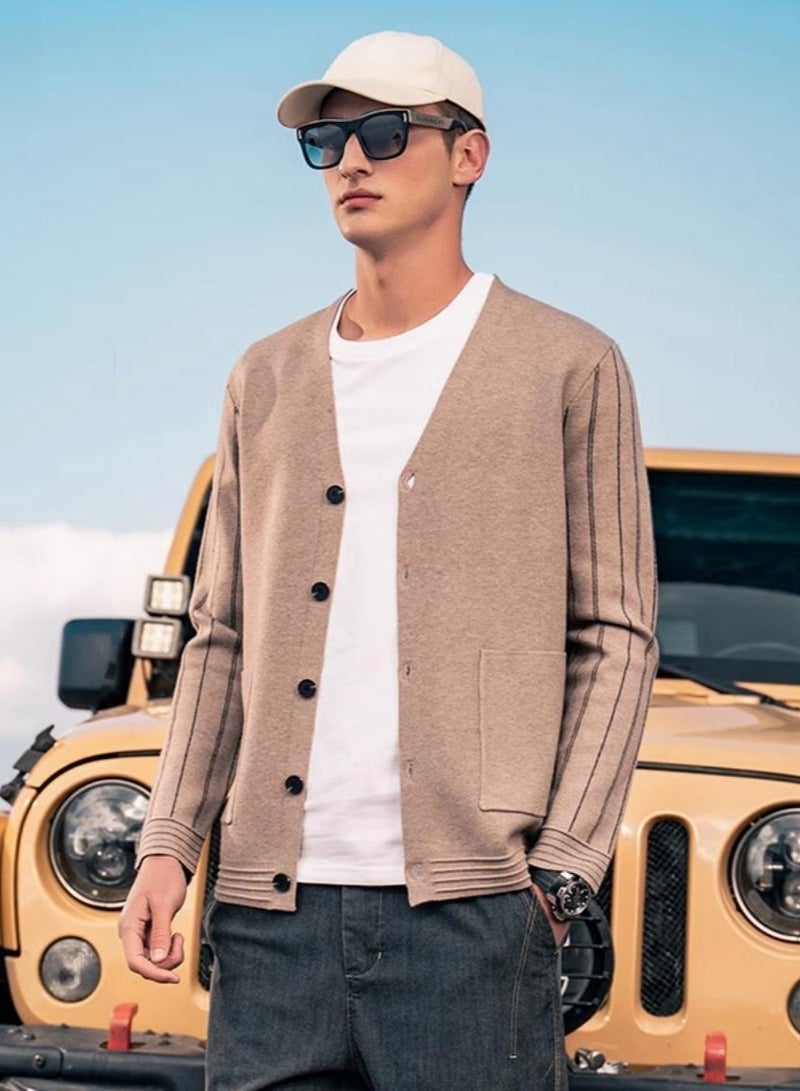 Men's Core Spun Yarn With Knitted V-Neck Cardigan Sweater Jacket