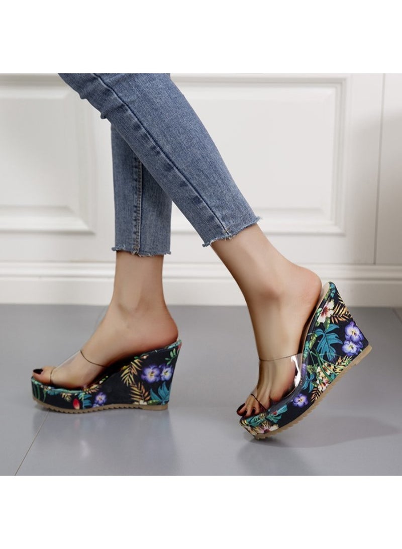 Floral Print High Heel Transparent Platform Wedges Sandals Women Fashion High Heels Female Summer