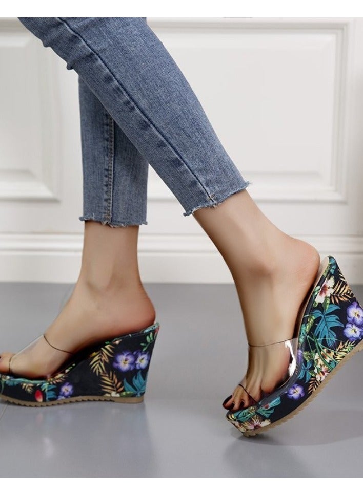 Floral Print High Heel Transparent Platform Wedges Sandals Women Fashion High Heels Female Summer