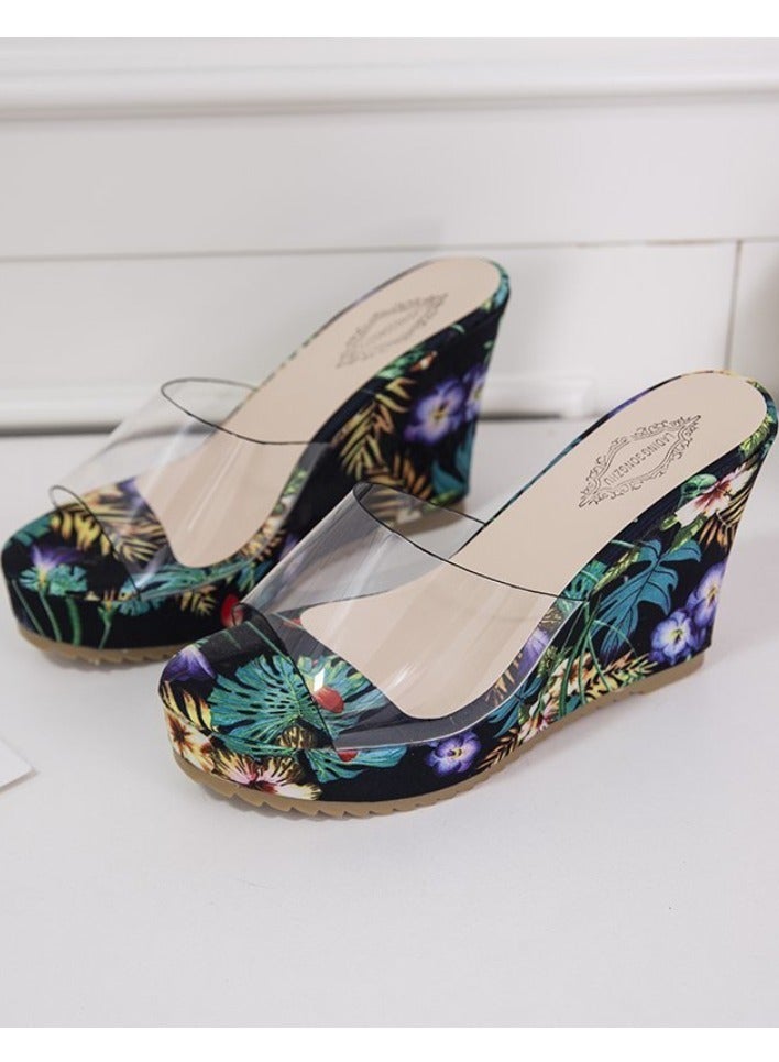 Floral Print High Heel Transparent Platform Wedges Sandals Women Fashion High Heels Female Summer