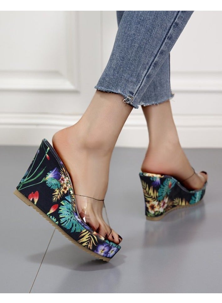 Floral Print High Heel Transparent Platform Wedges Sandals Women Fashion High Heels Female Summer