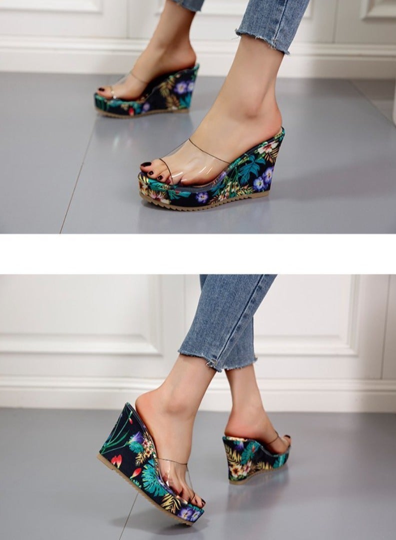 Floral Print High Heel Transparent Platform Wedges Sandals Women Fashion High Heels Female Summer